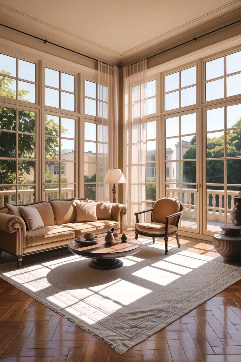 Beige living room with large windows - 30 warm beige living room ideas
