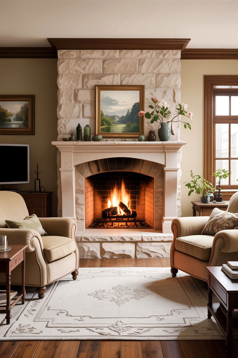 Beige living room with stone fireplace - 30 warm beige living room ideas