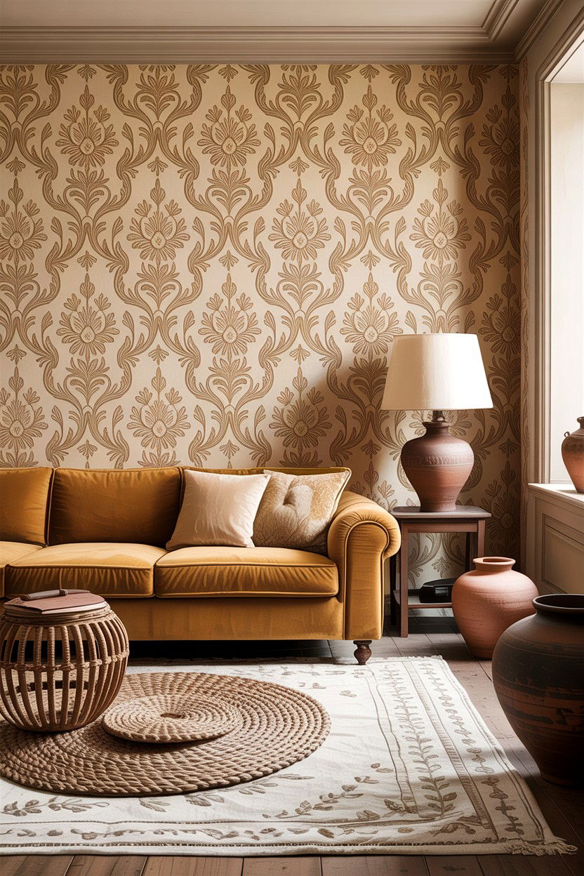 Beige textured damask wallpaper - 30 living room damask wallpapers