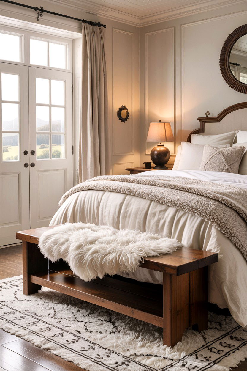 Bench with sheepskin rug - 30 rustic cream bedroom ideas