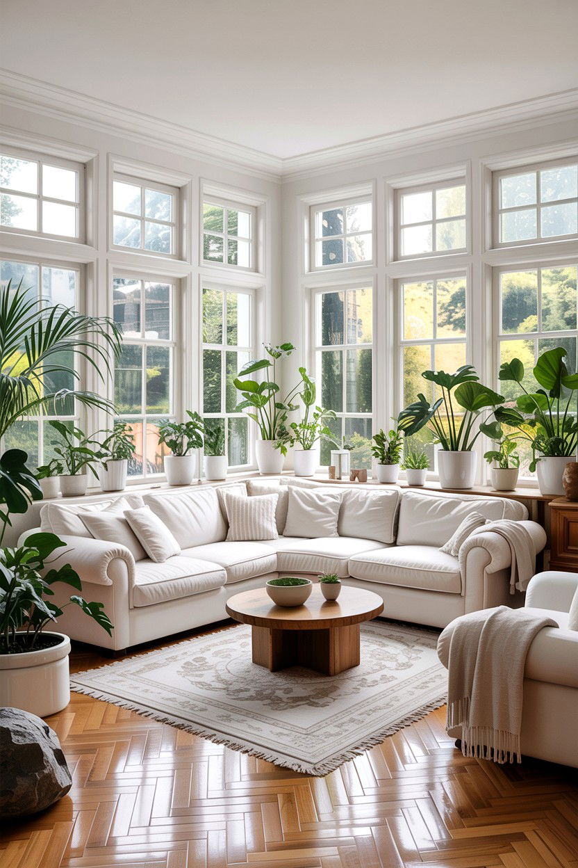 Biophilic White Living Room - 30 all white living room ideas