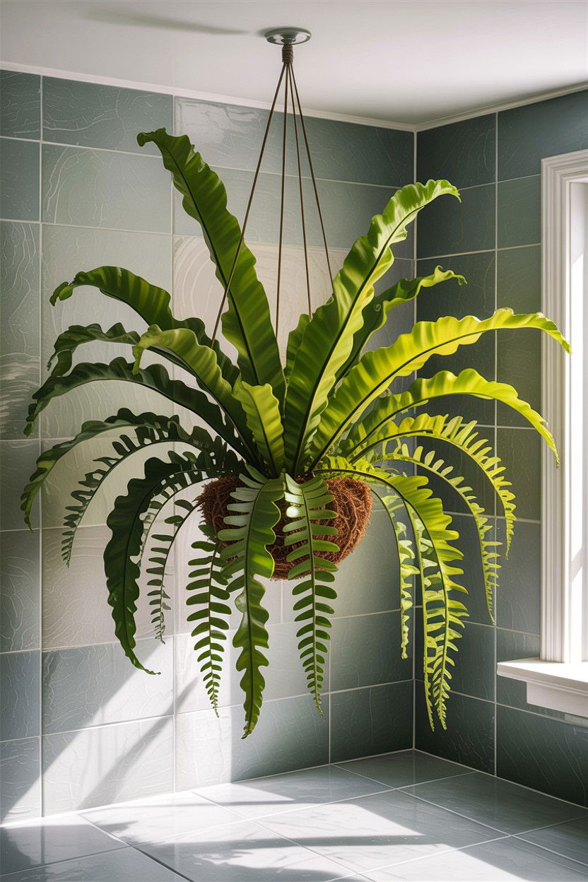 Birds nest fern hanging - 30 hanging plants for bathroom ideas