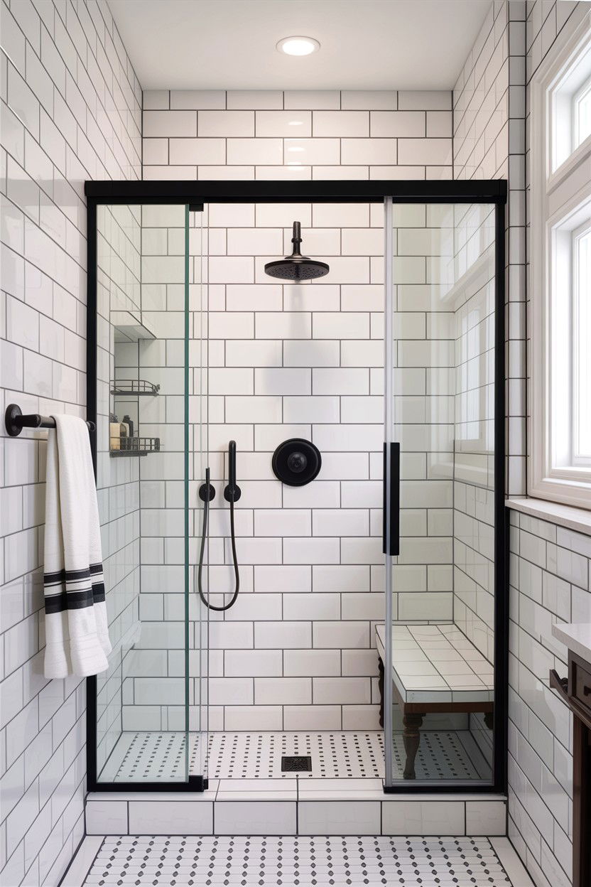 Black Hardware White Tile - 30 bathroom balance ideas