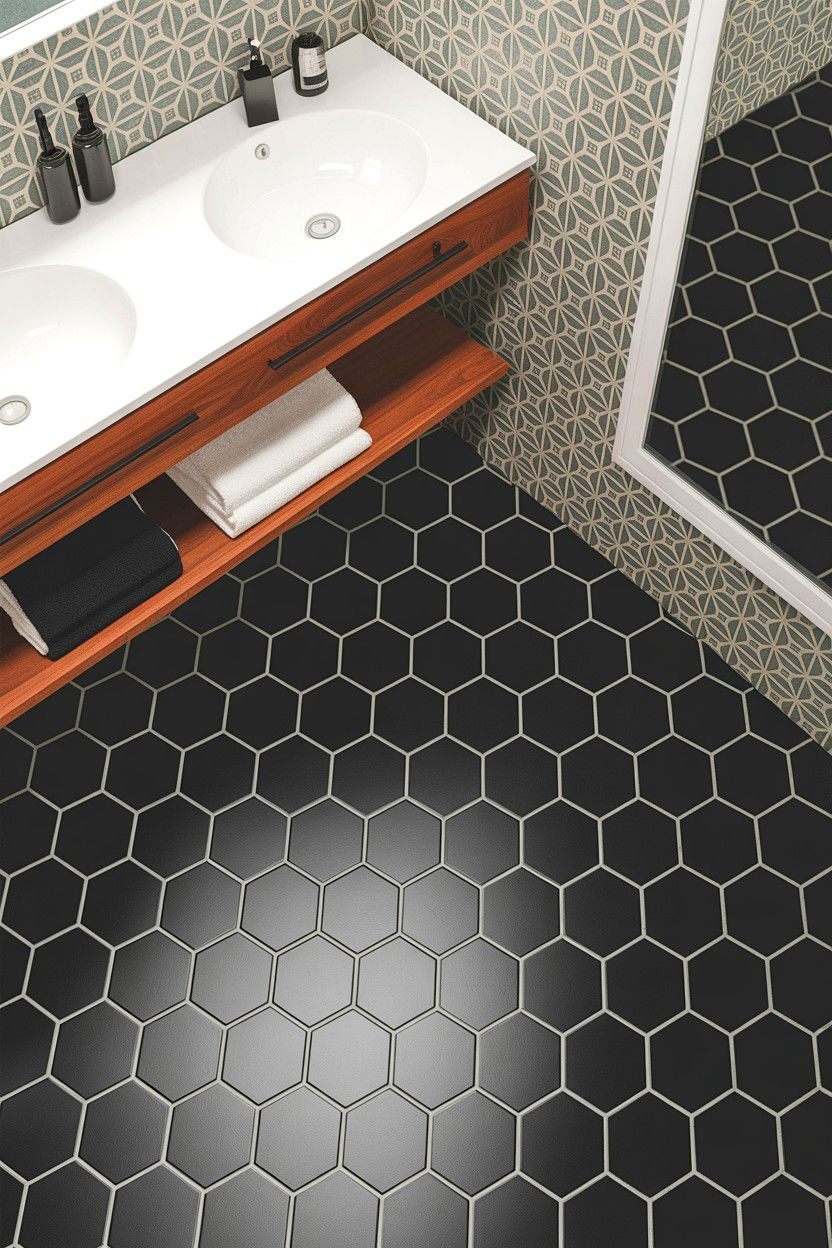 Black Hexagon Floor Tile - 30 industrial bathroom ideas