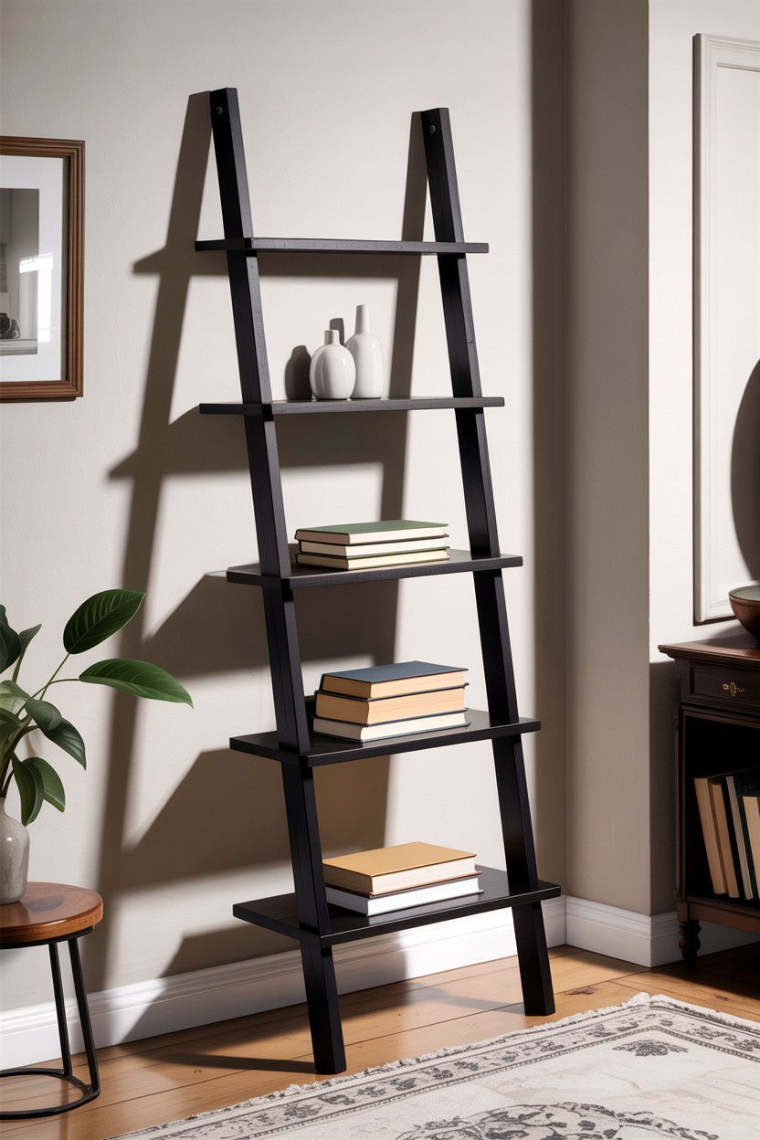 Black Ladder Shelf - 30 bedroom black furniture ideas