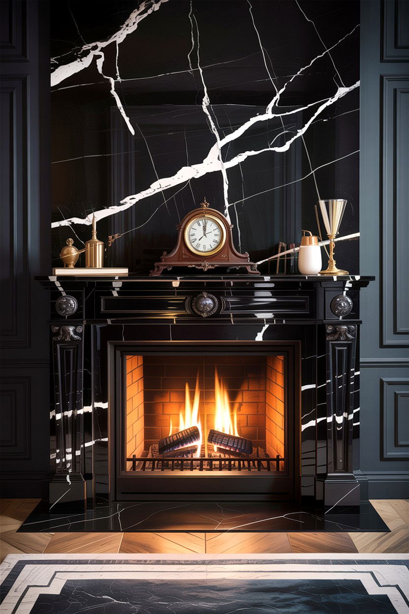 Black Marble Fireplace - 30 dark academia living room ideas