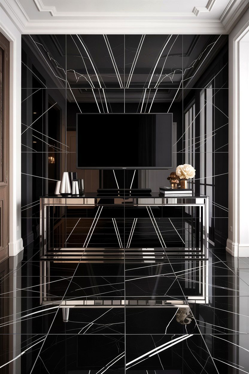 Black Marble Tile - 30 living room feature wall ideas