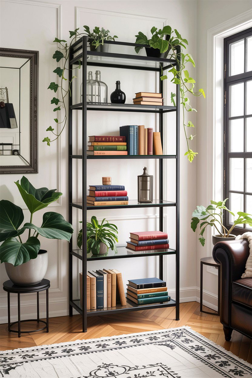 Black Metal Glass Etagere - 30 living room glass furniture ideas