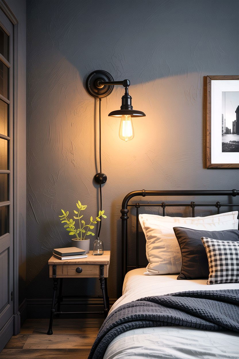 Black Metal Wall Sconce - 30 rustic grey bedroom ideas