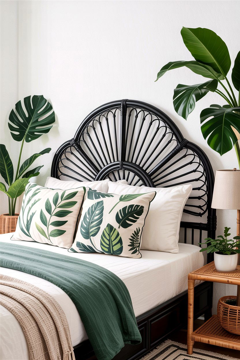 Black Rattan Headboard - 30 bedroom black furniture ideas