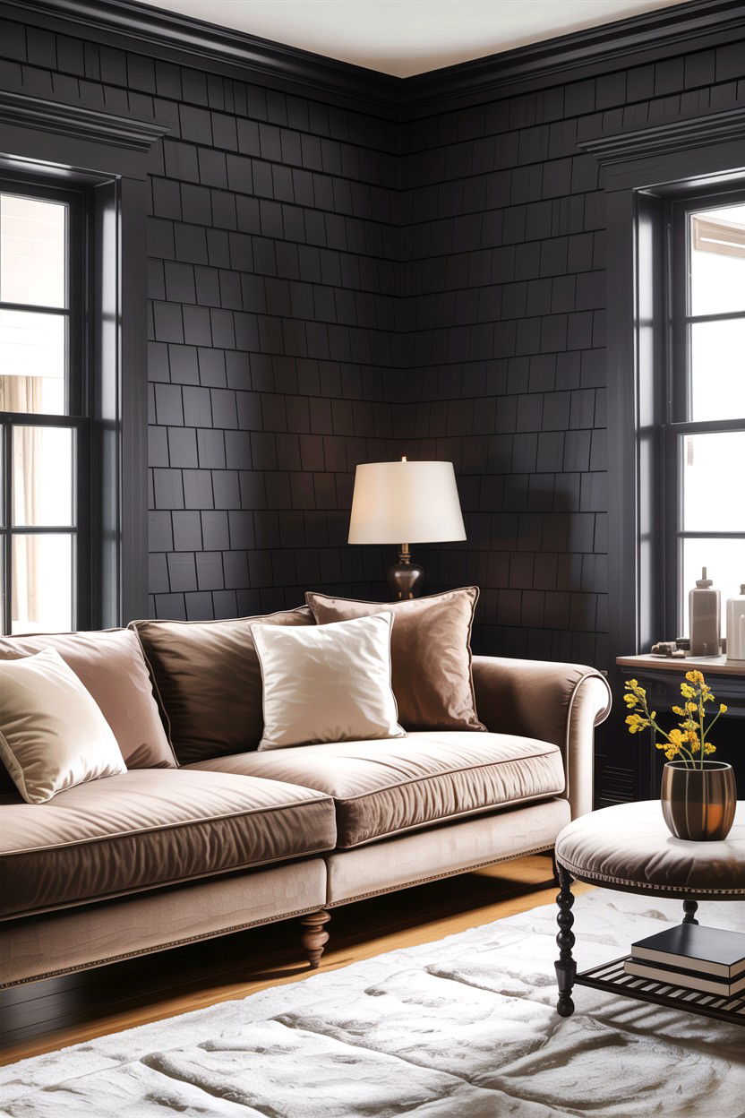 Black Shingle Wall Living Room - 30 rustic black living room ideas