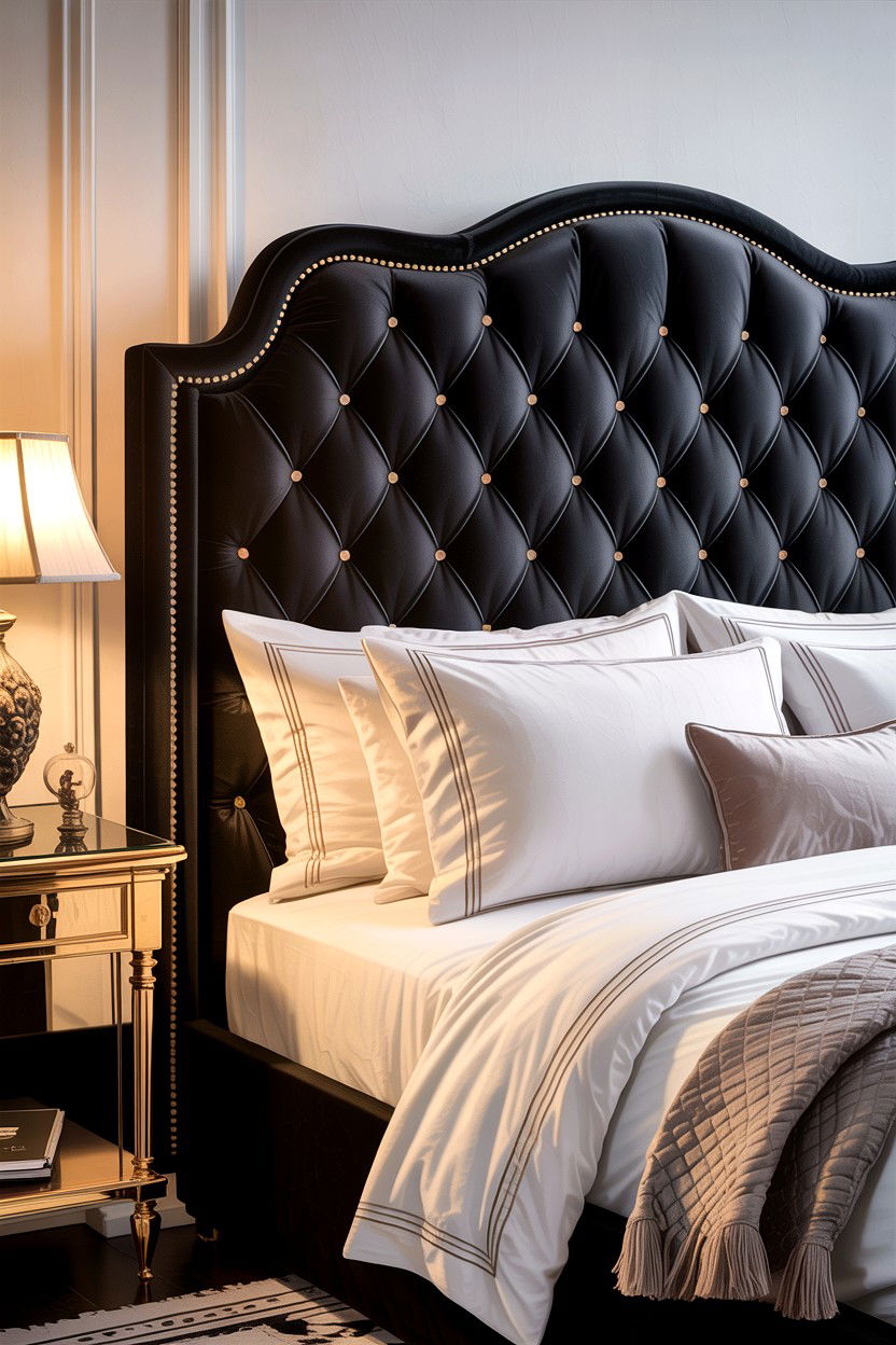 Black Velvet Headboard - 30 bedroom black furniture ideas