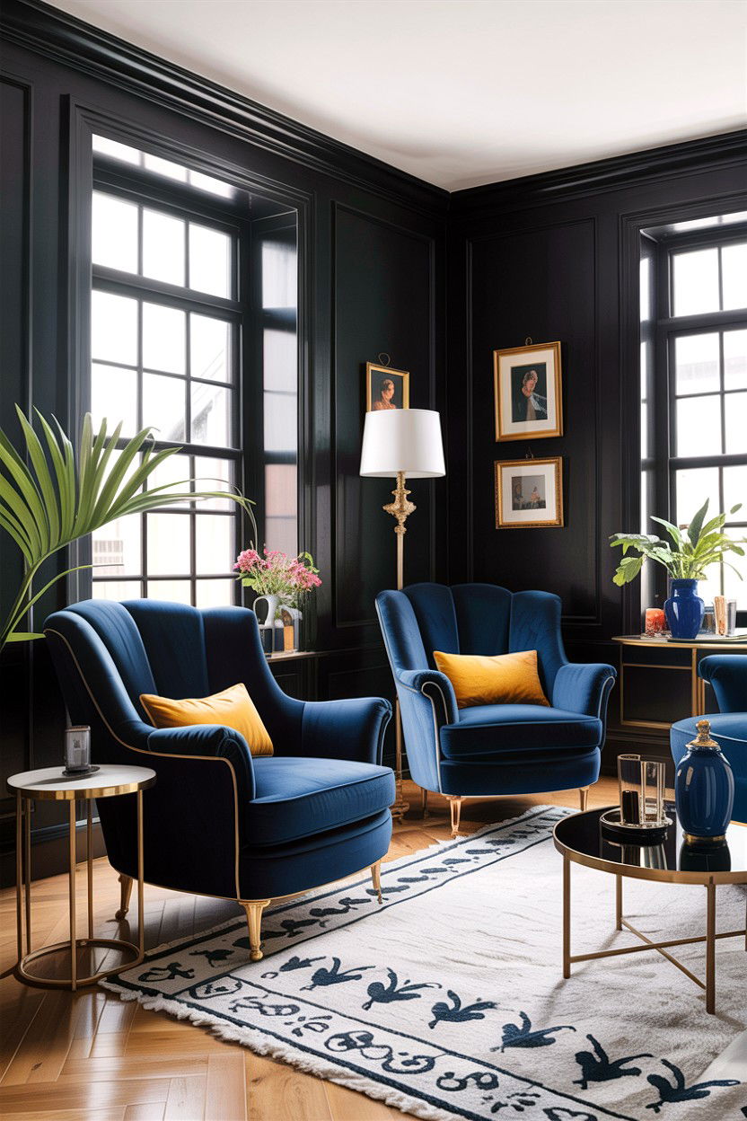 Black and blue decor - 30 traditional black living room ideas