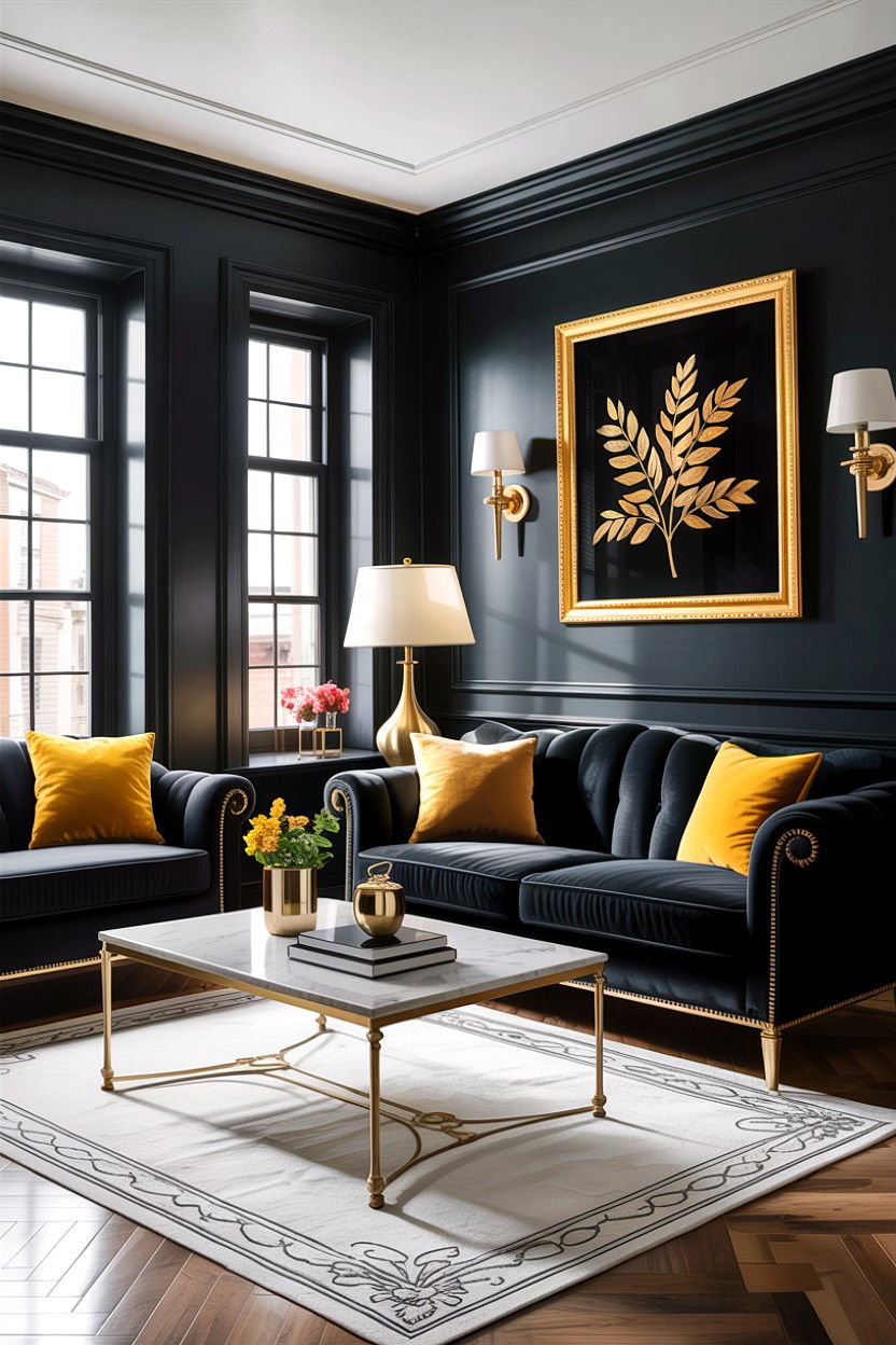 Black and gold accents - 30 traditional black living room ideas