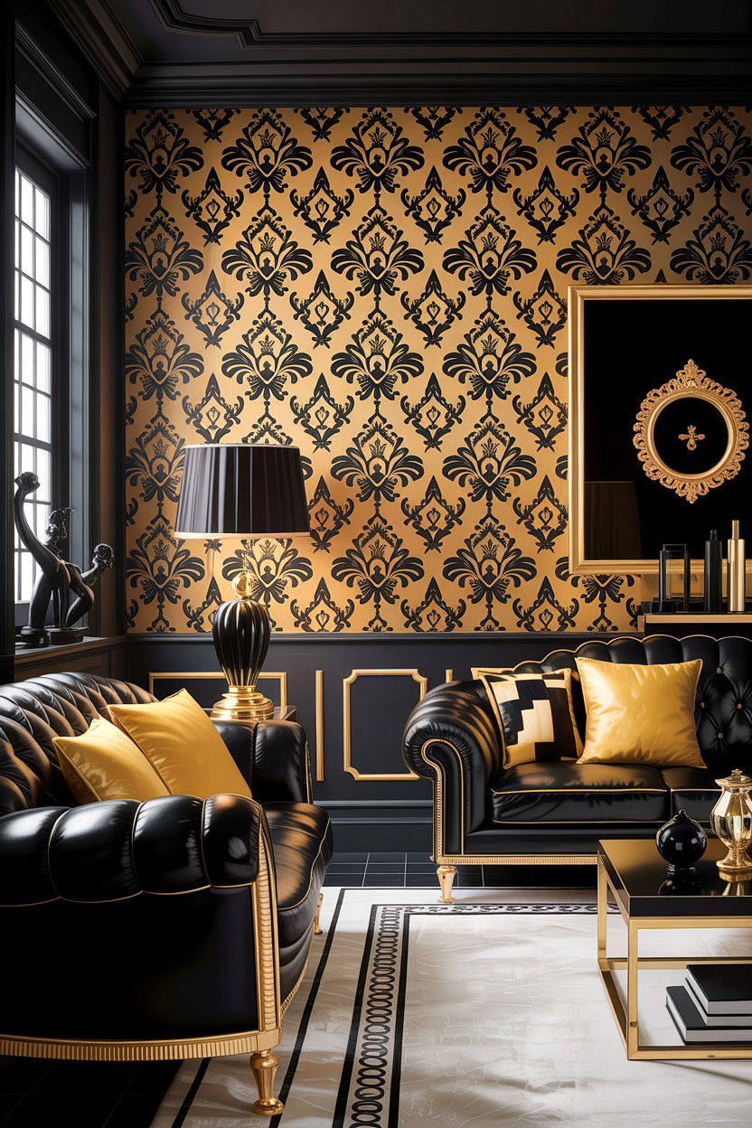 Black and gold damask wallpaper - 30 living room damask wallpapers