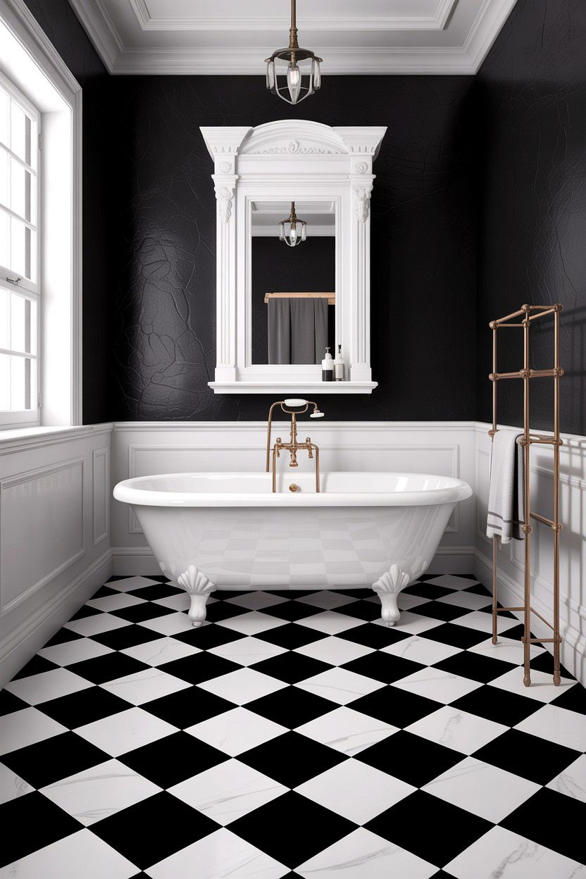 Black and white harlequin floor - 30 diamond tile bathroom ideas