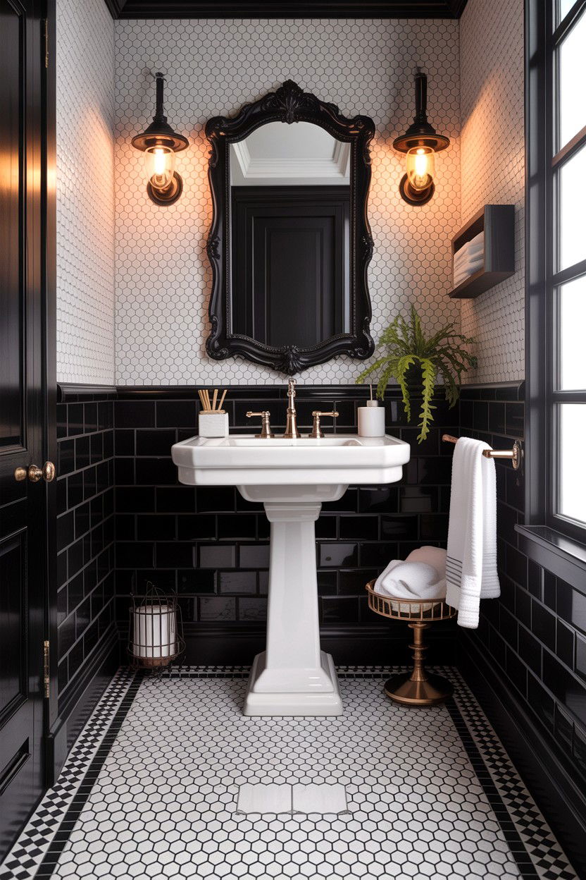 Black and white hexagon bathroom floor - 30 honeycomb tile bathroom ideas