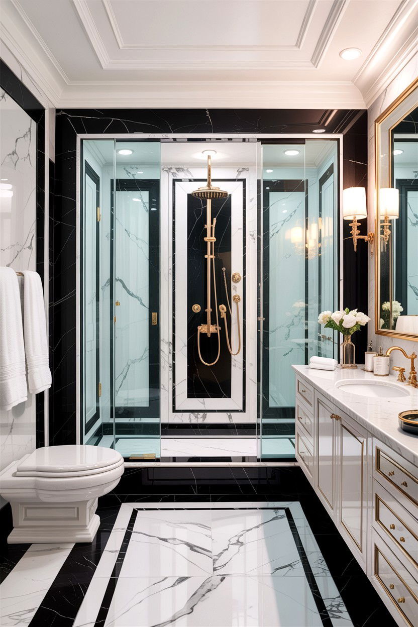 Black and white marble bathroom - 30 Hollywood regency bathroom ideas