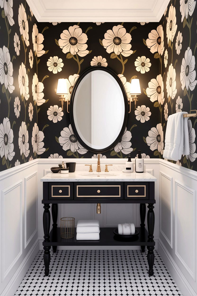 Black and white wallpaper bathroom - 30 high contrast bathroom ideas