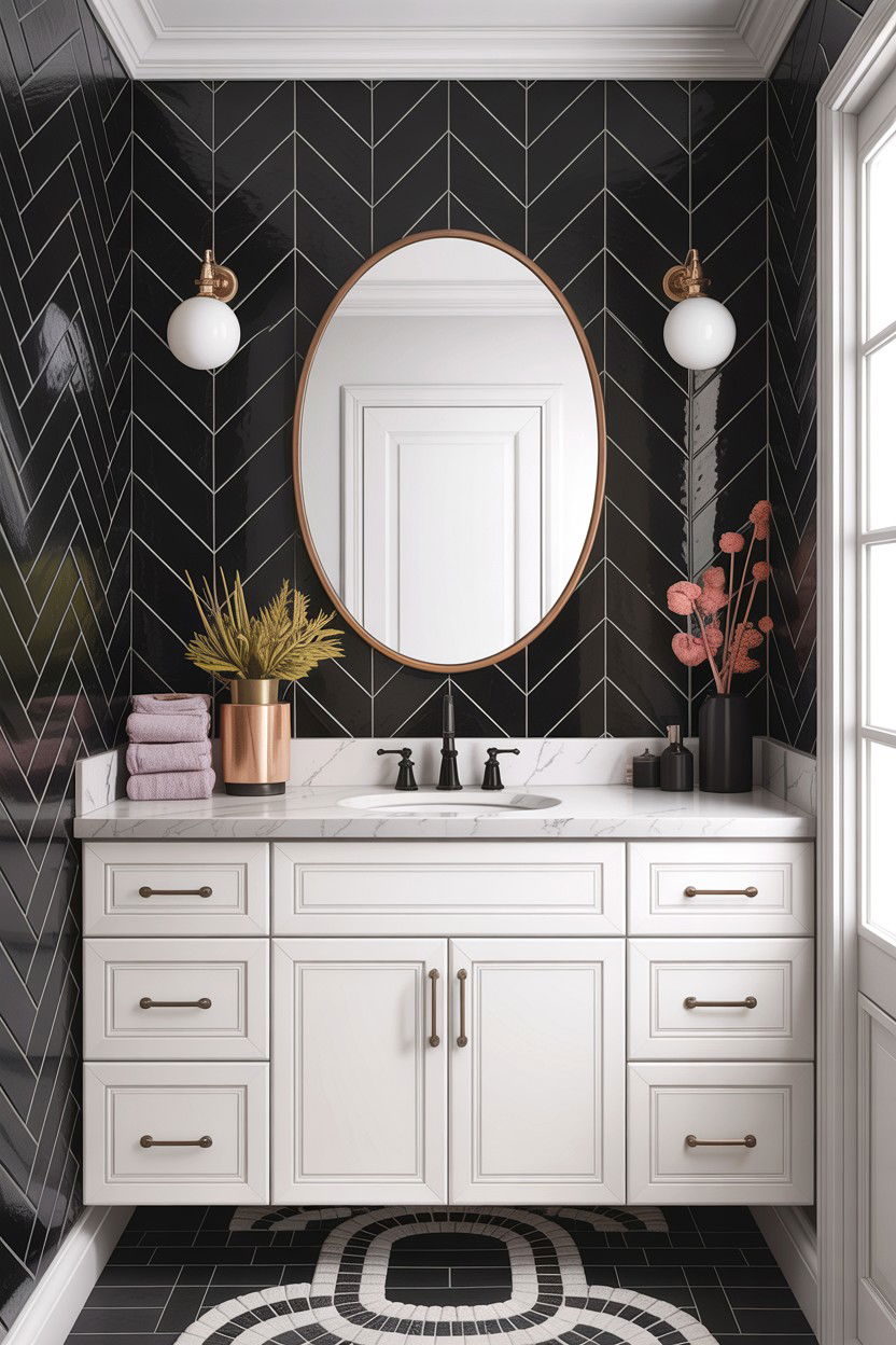Black backsplash white vanity - 30 high contrast bathroom ideas