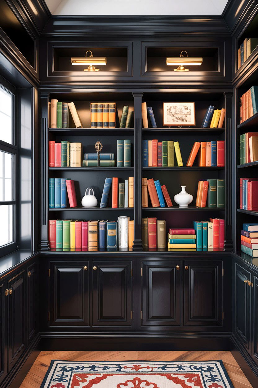Black built in bookshelves - 30 traditional black living room ideas