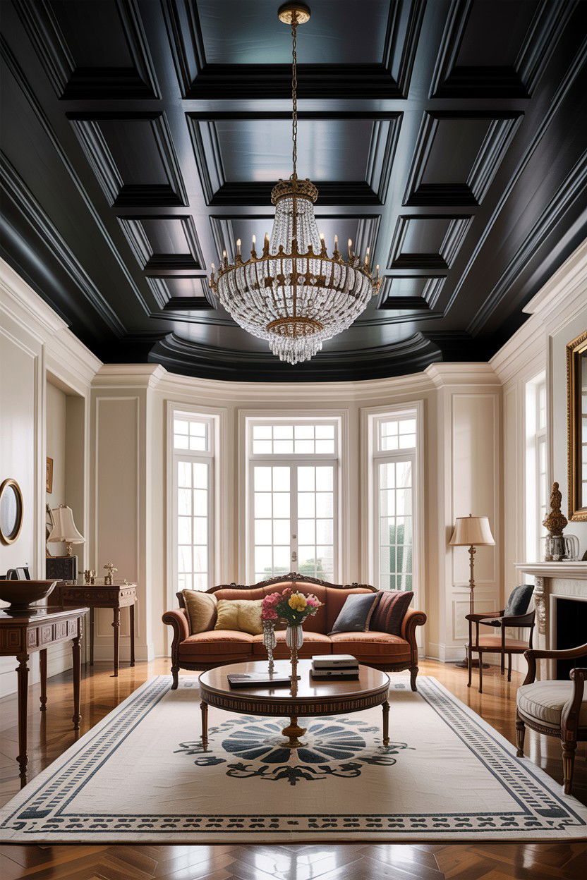 Black coffered ceiling - 30 traditional black living room ideas
