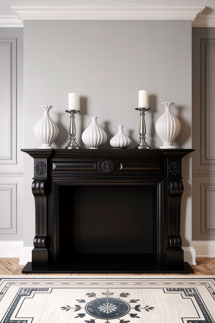 Black fireplace mantel - 30 traditional black living room ideas