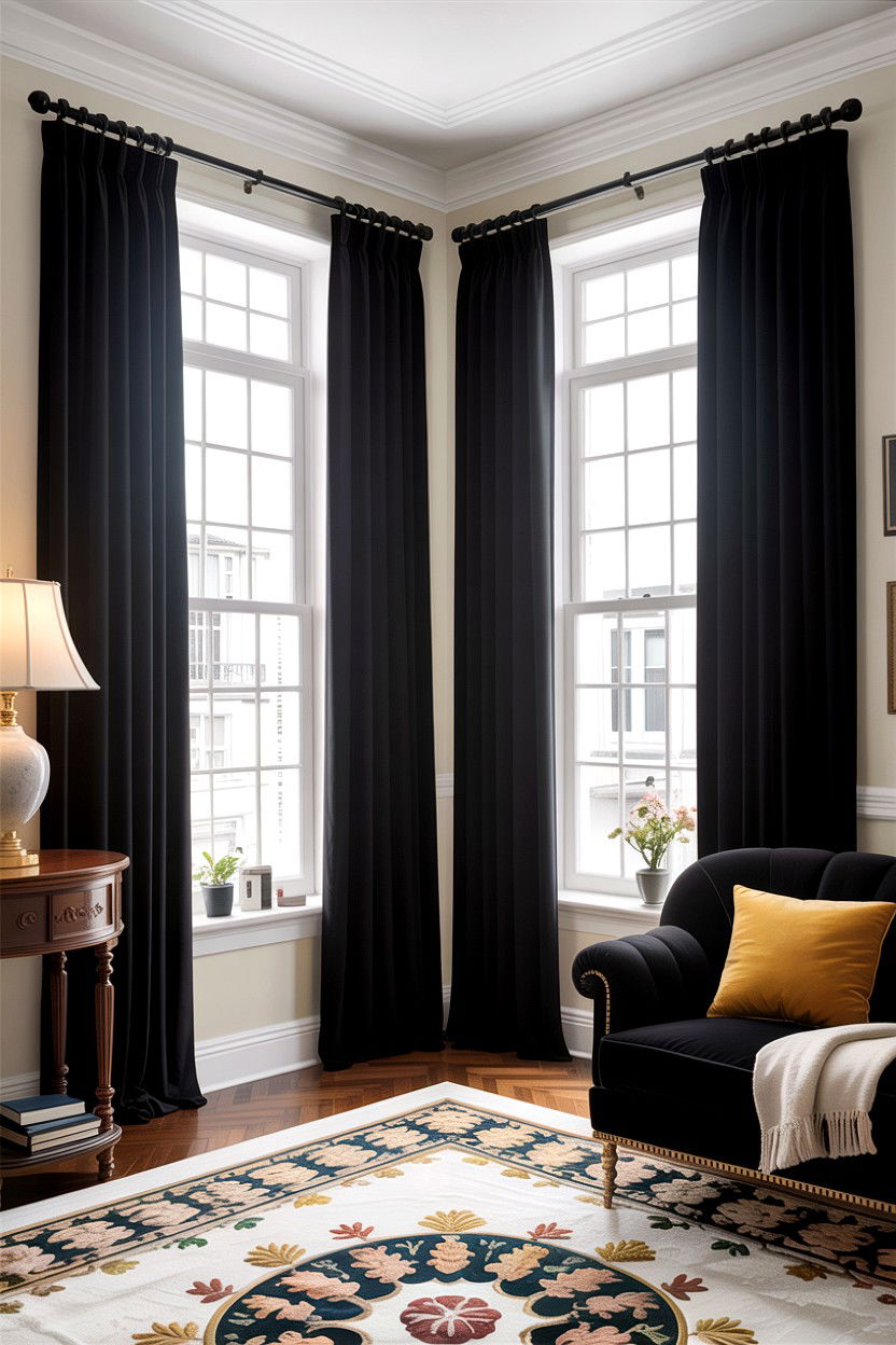 Black floor to ceiling curtains - 30 traditional black living room ideas