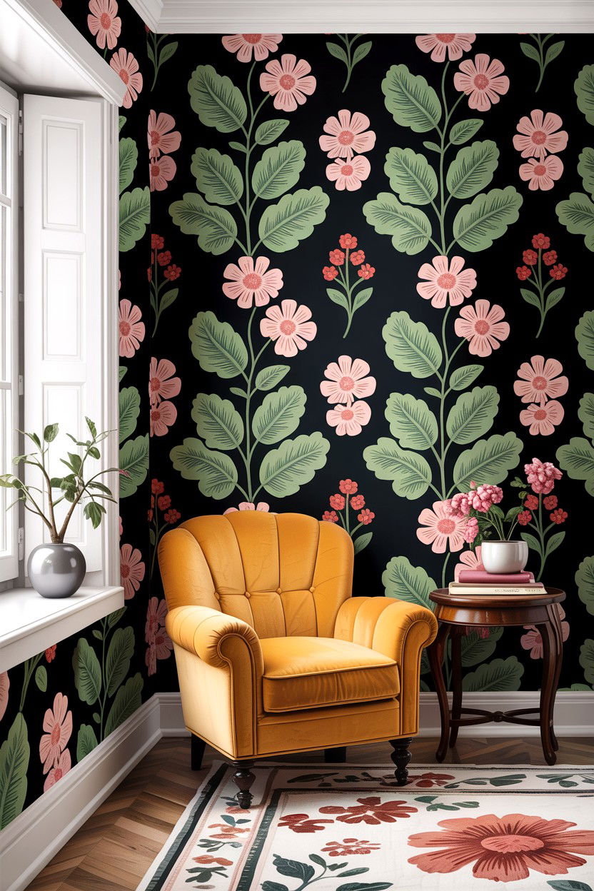 Black floral wallpaper - 30 traditional black living room ideas