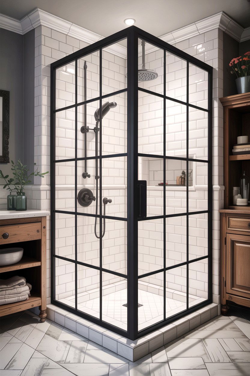 Black framed shower door - 30 high contrast bathroom ideas