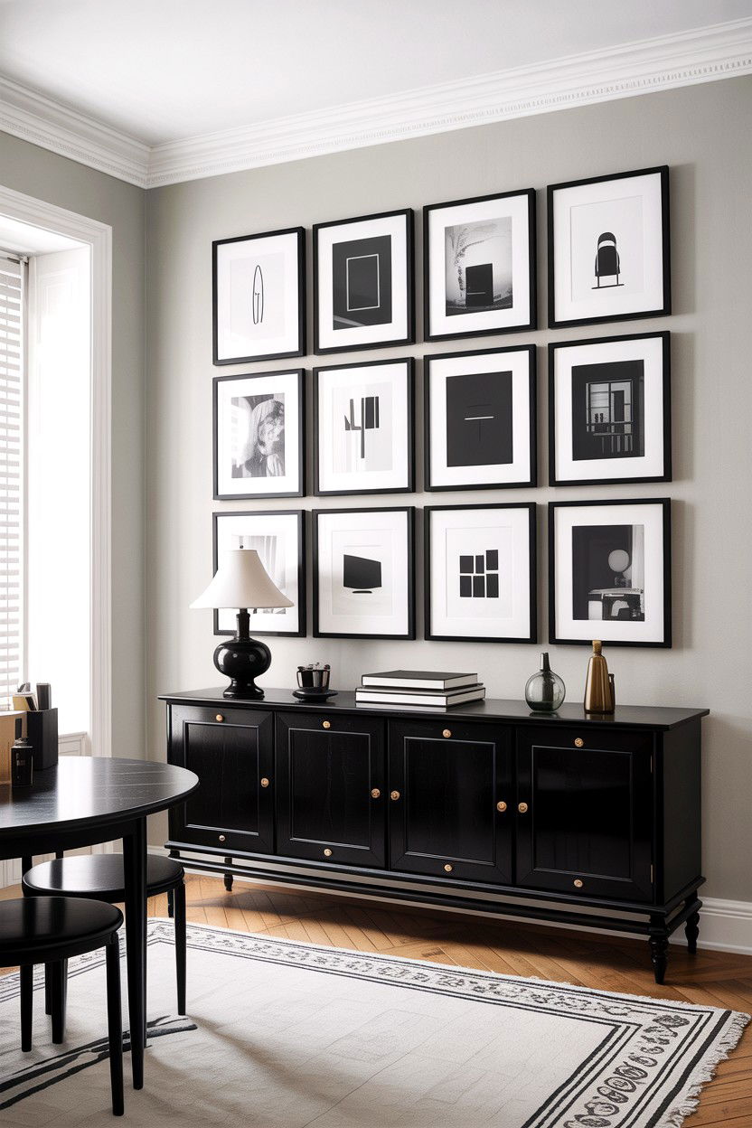 Black gallery wall - 30 scandinavian black living room ideas