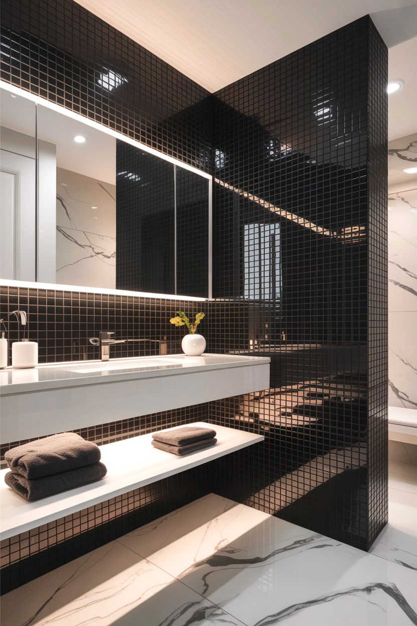 Black glass mosaic accent wall - 30 glass mosaic bathroom ideas