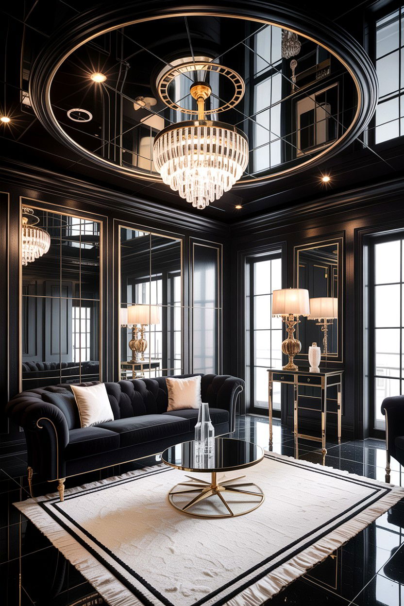 Black gloss ceiling - 30 living room dark ceiling ideas