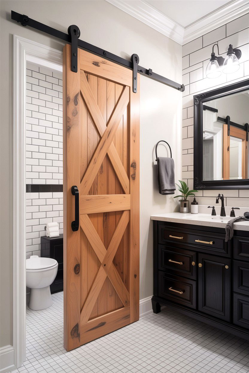 Black hardware barn door - 30 bathroom barn door ideas