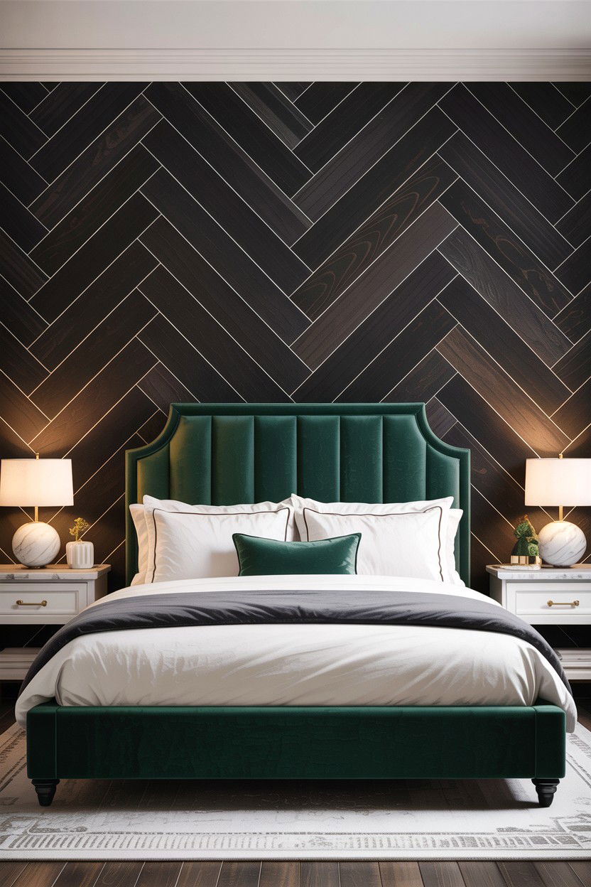 Black herringbone accent wall bedroom - 30 bedroom herringbone wall ideas