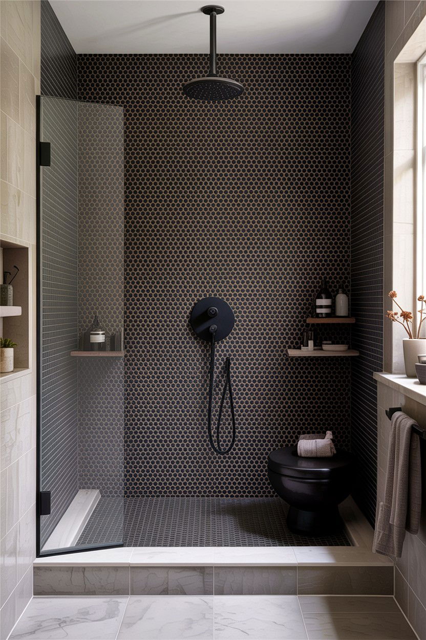 Black honeycomb shower wall - 30 honeycomb tile bathroom ideas