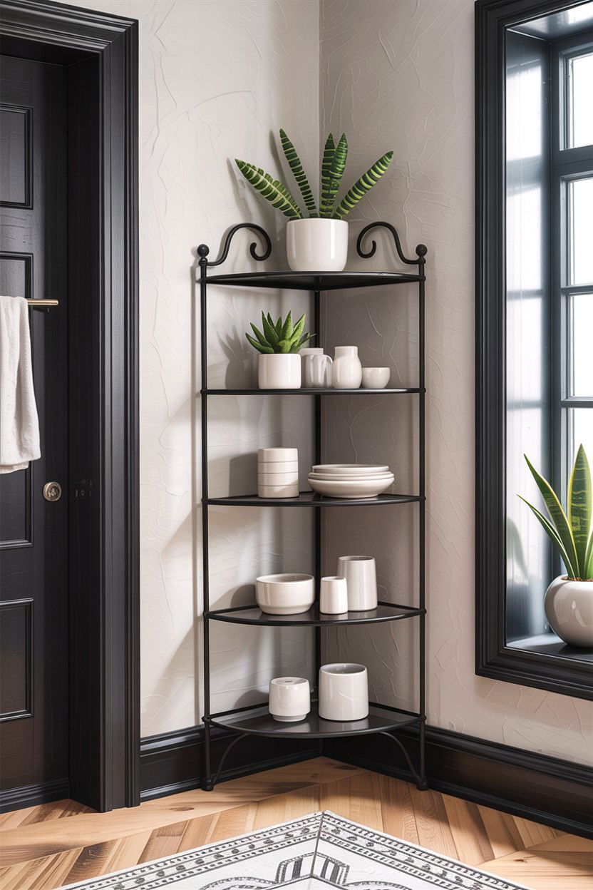 Black metal corner rack - 30 living room corner shelf ideas