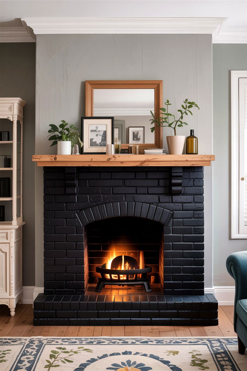 Black painted brick fireplace - 30 traditional black living room ideas