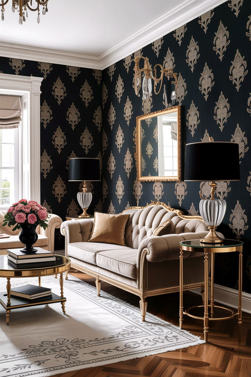 Black patterned wallpaper - 30 traditional black living room ideas