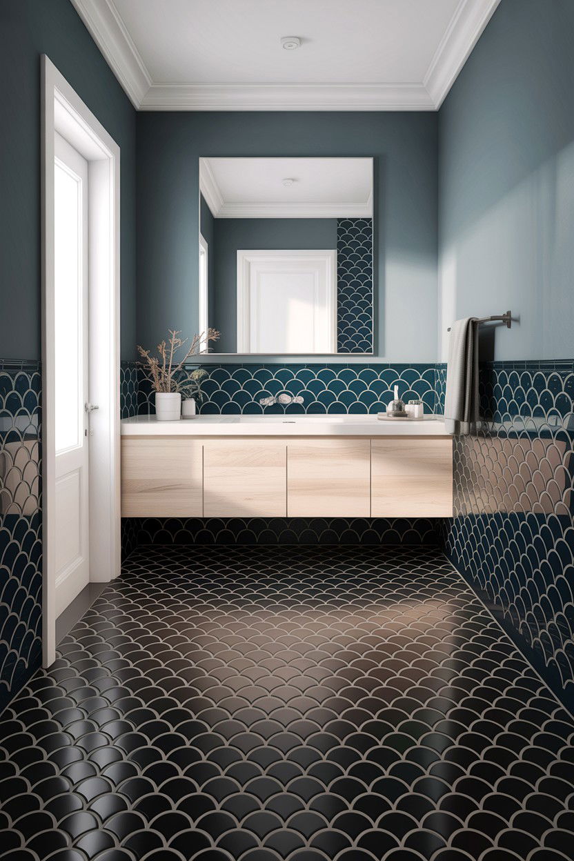 Black scalloped tile floor - 30 fish scale tile bathroom ideas
