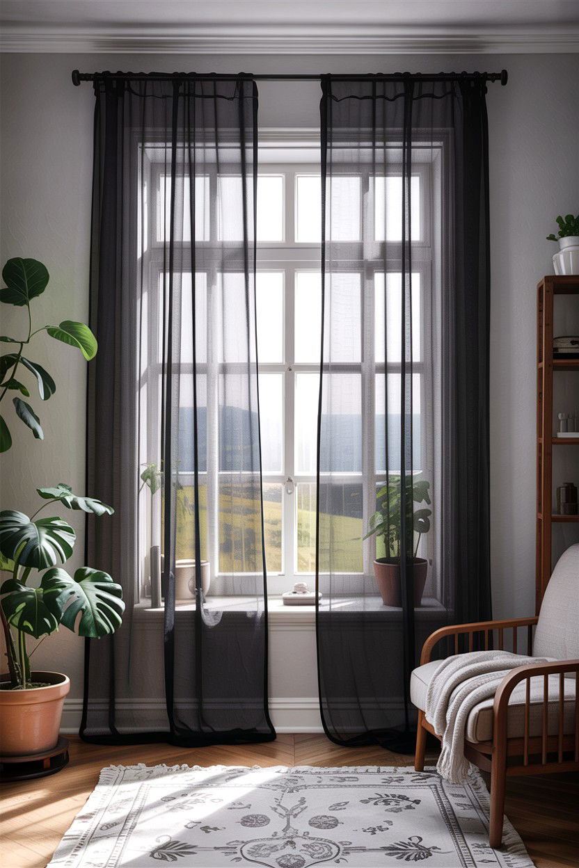 Black sheer curtains - 30 scandinavian black living room ideas