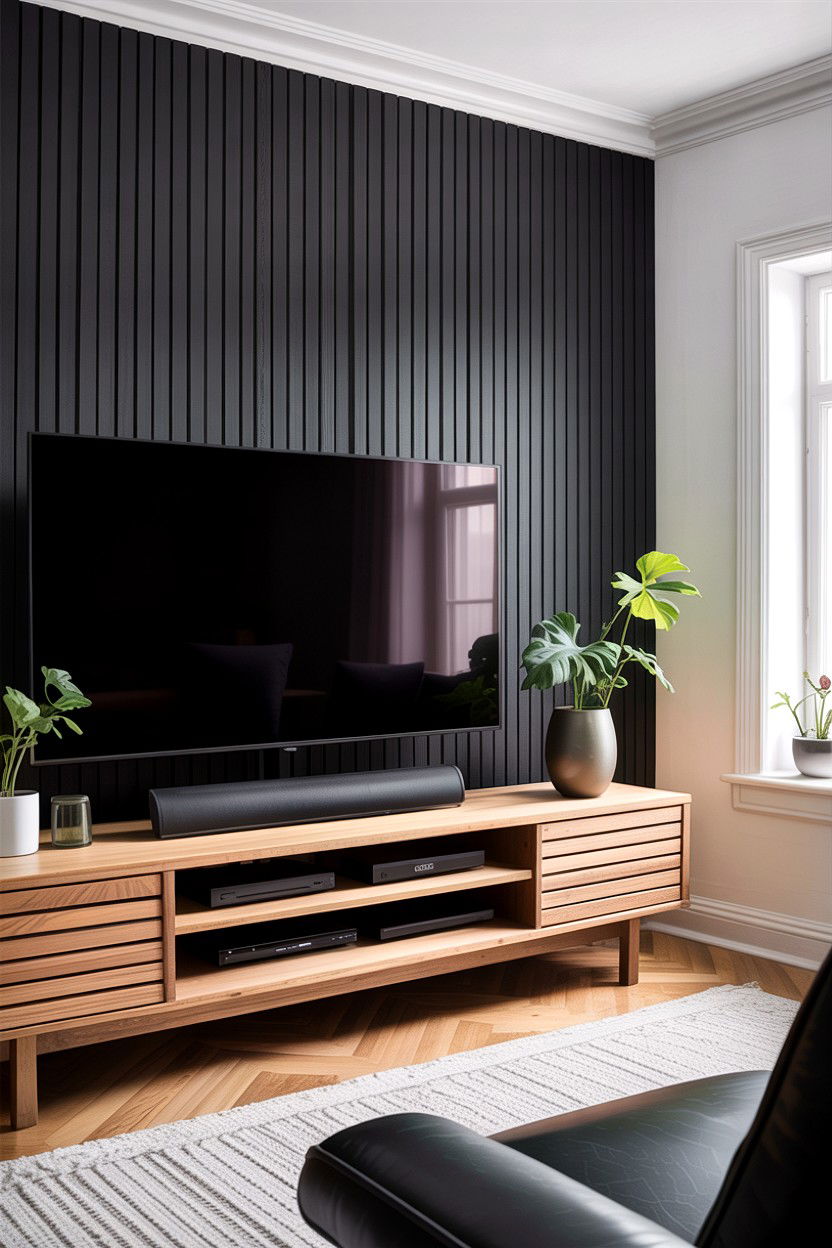 Black slat wall - 30 scandinavian black living room ideas