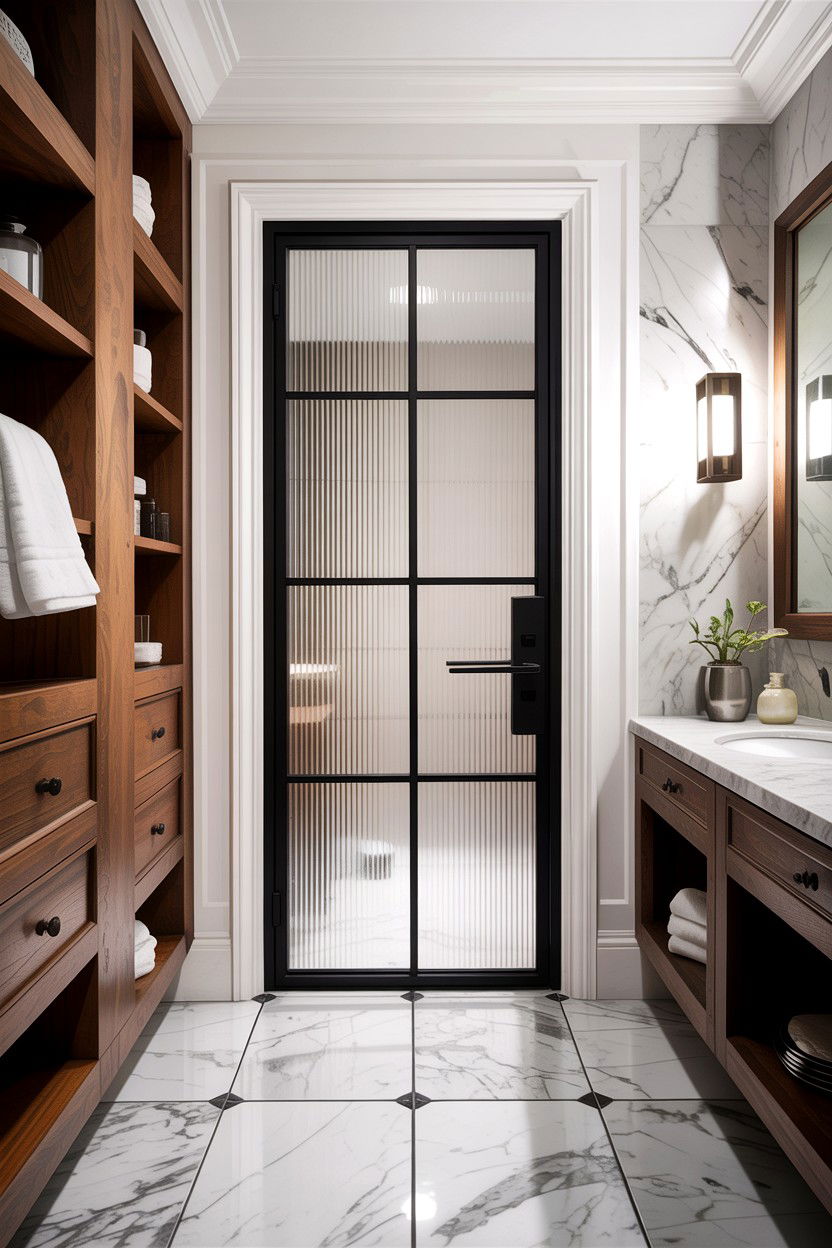 Black steel frame glass door - 30 bathroom door statement ideas