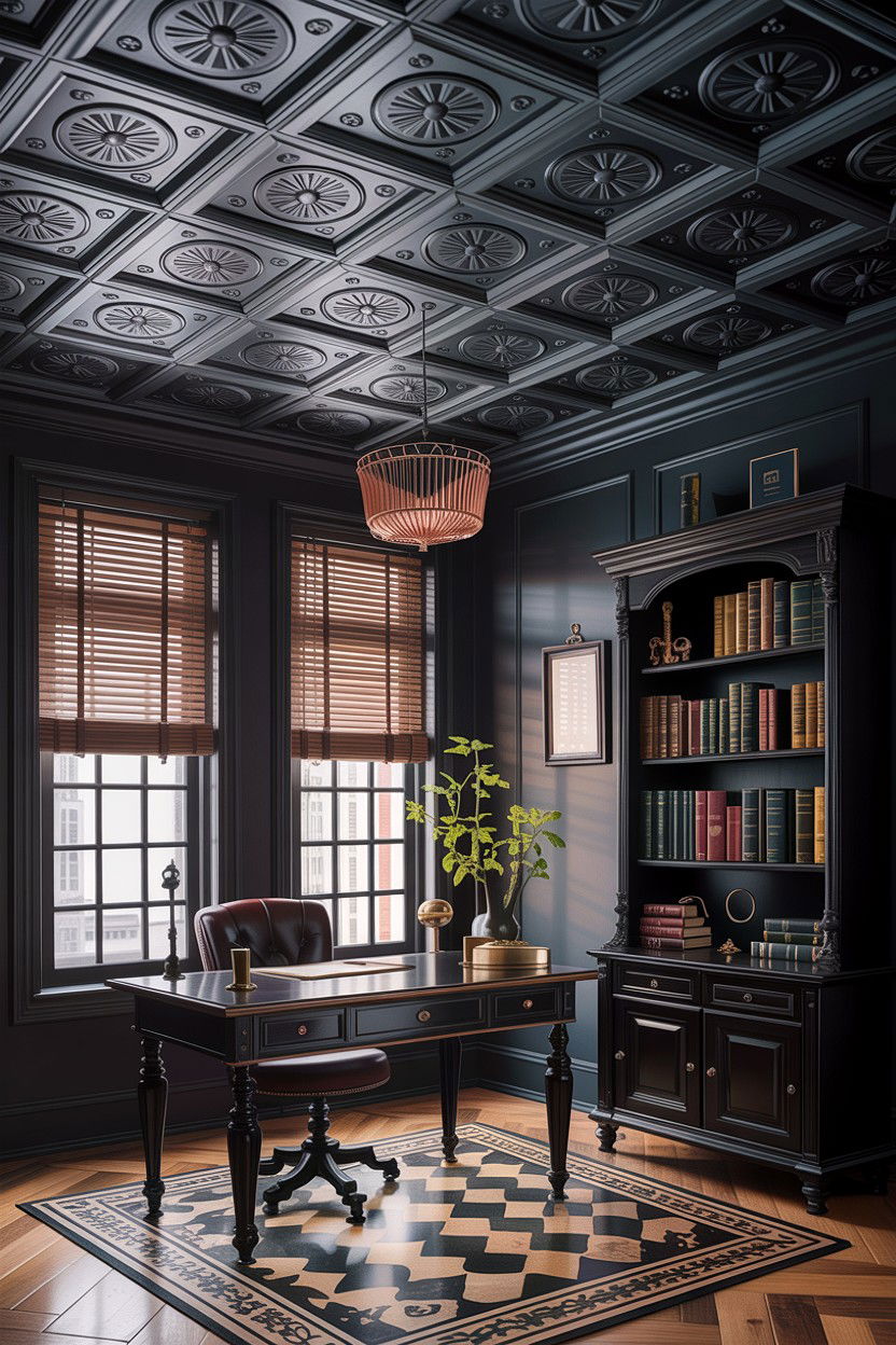 Black tin ceiling - 30 living room dark ceiling ideas