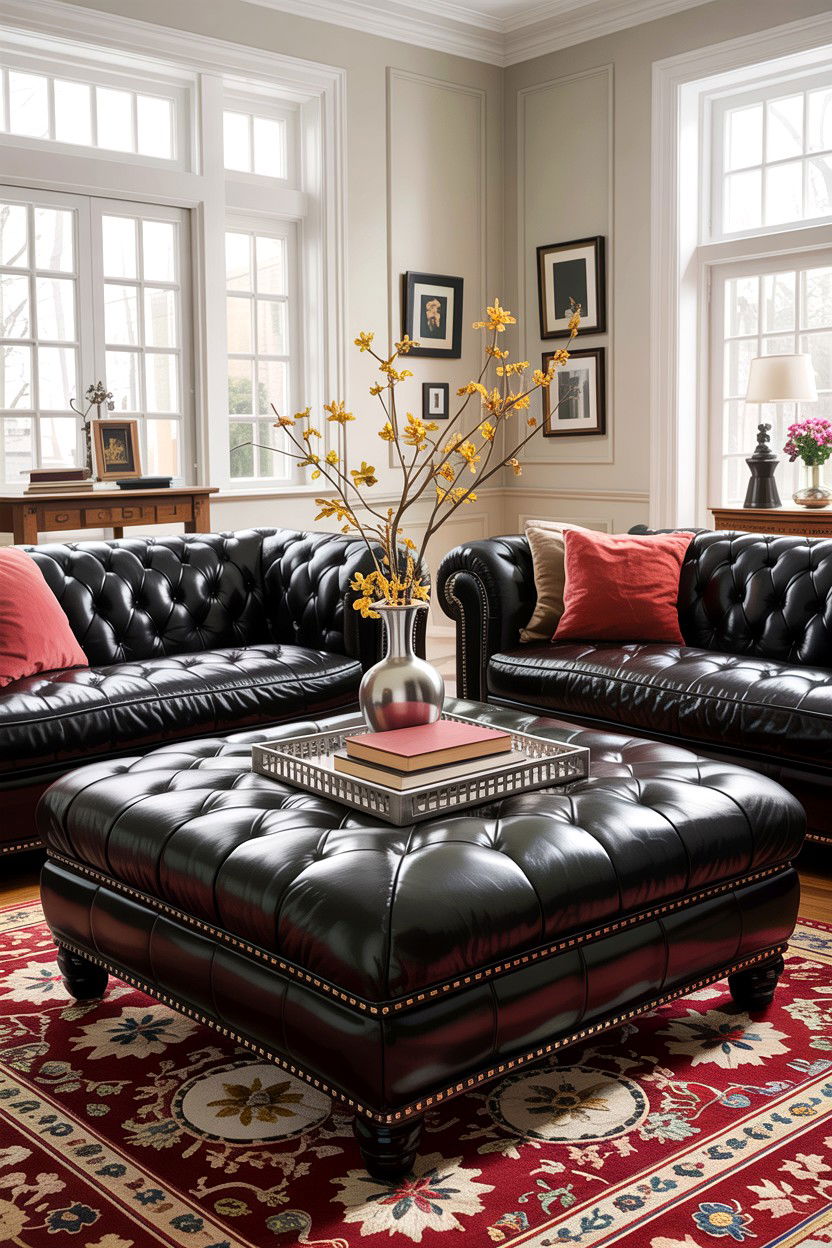 Black tufted ottoman - 30 traditional black living room ideas