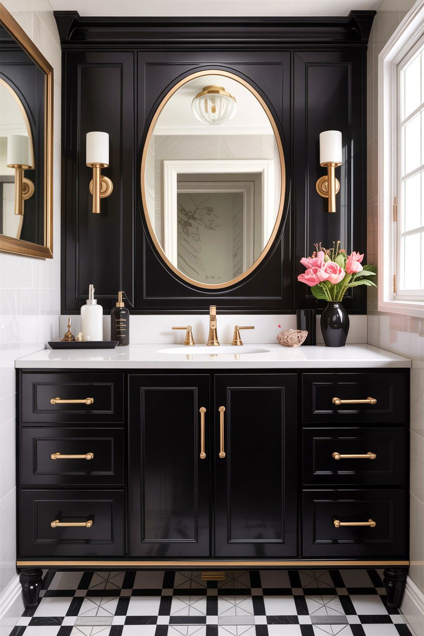 Black vanity with gold hardware - 30 Hollywood regency bathroom ideas