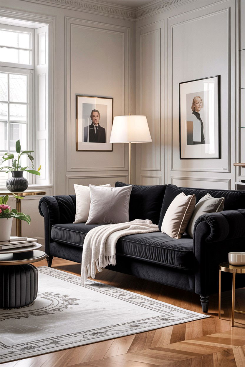Black velvet sofa - 30 scandinavian black living room ideas