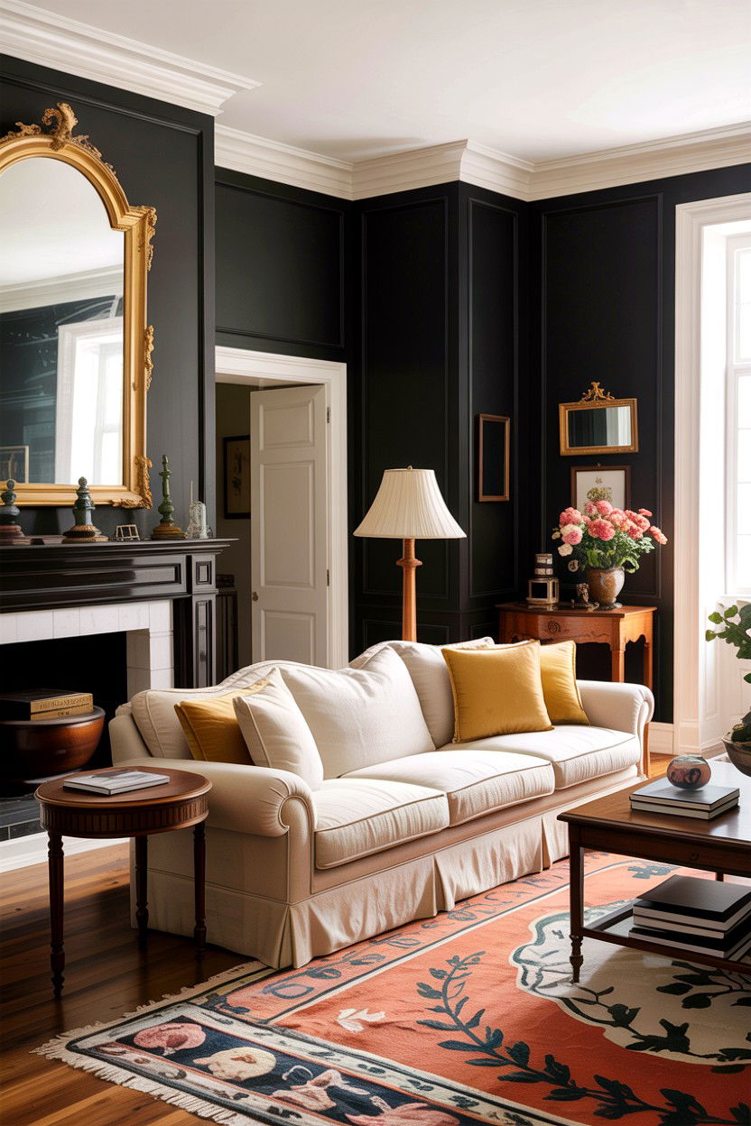 Black walls with white molding - 30 traditional black living room ideas