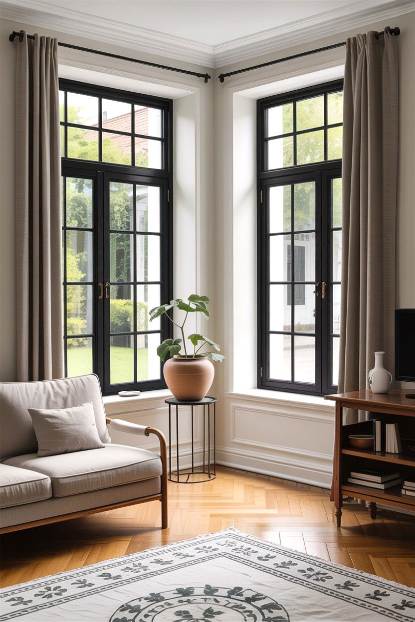 Black window frames - 30 scandinavian black living room ideas