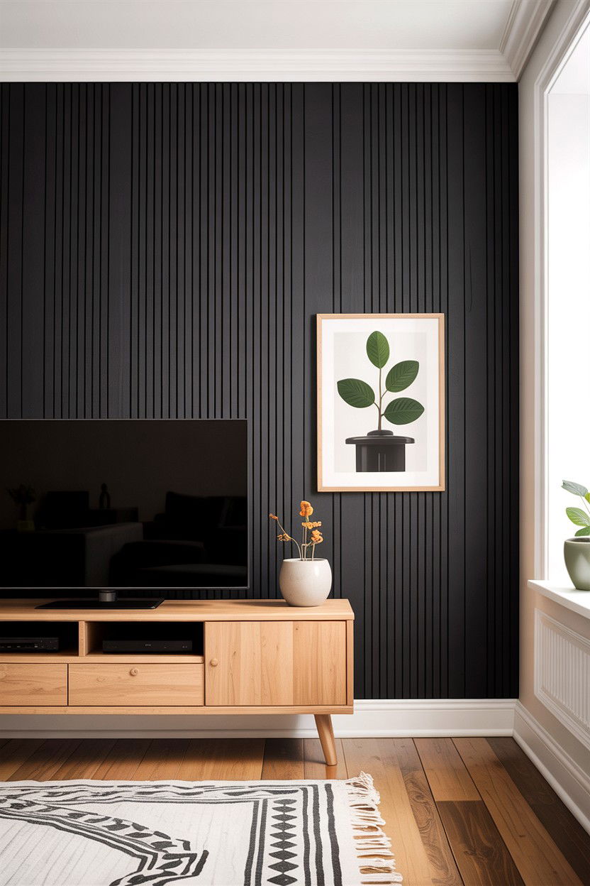 Black wood paneling - 30 scandinavian black living room ideas